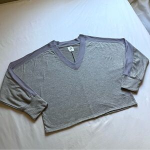 LEZAT heather space dye grey contrast rib striped v neck boxy sweater top